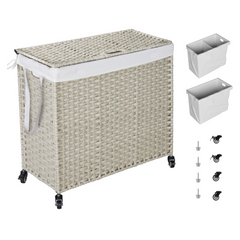 Laundry Hamper With Lid PE Rattan Powder Coating Frame Clothes Hampers with 2 Removable Bags, Wheels, 160L, Light Grey