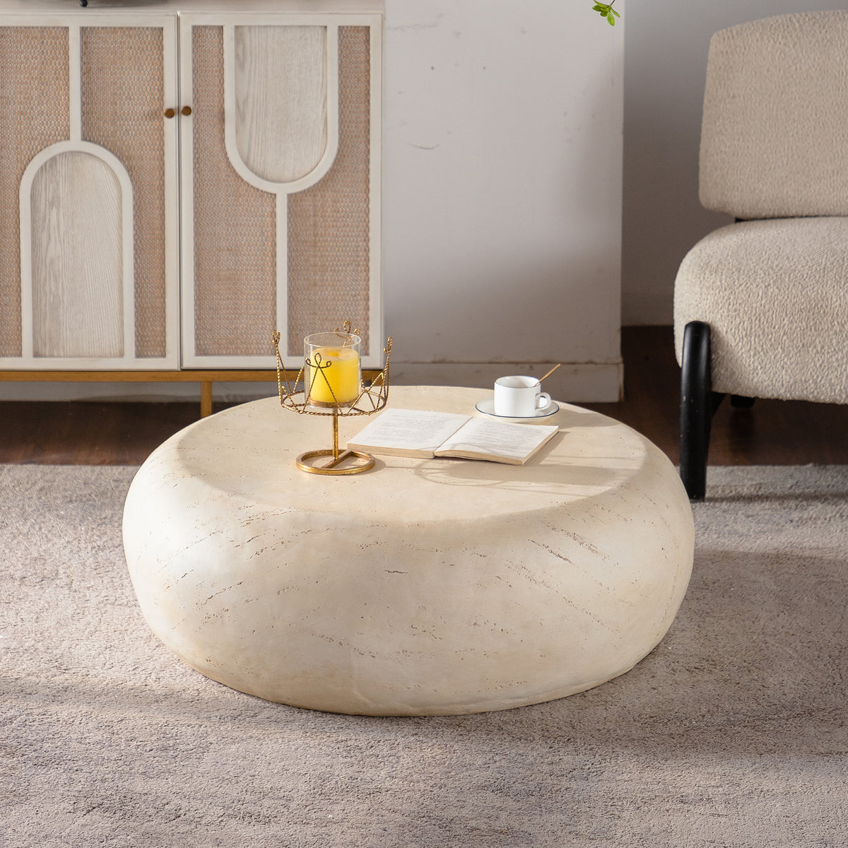 Mid-Century Round Centre Coffee Table Vintage Faux Stone Sofa Pre-Modern Coffee Tables Beige Coffee Table for Living Room Office Apartment