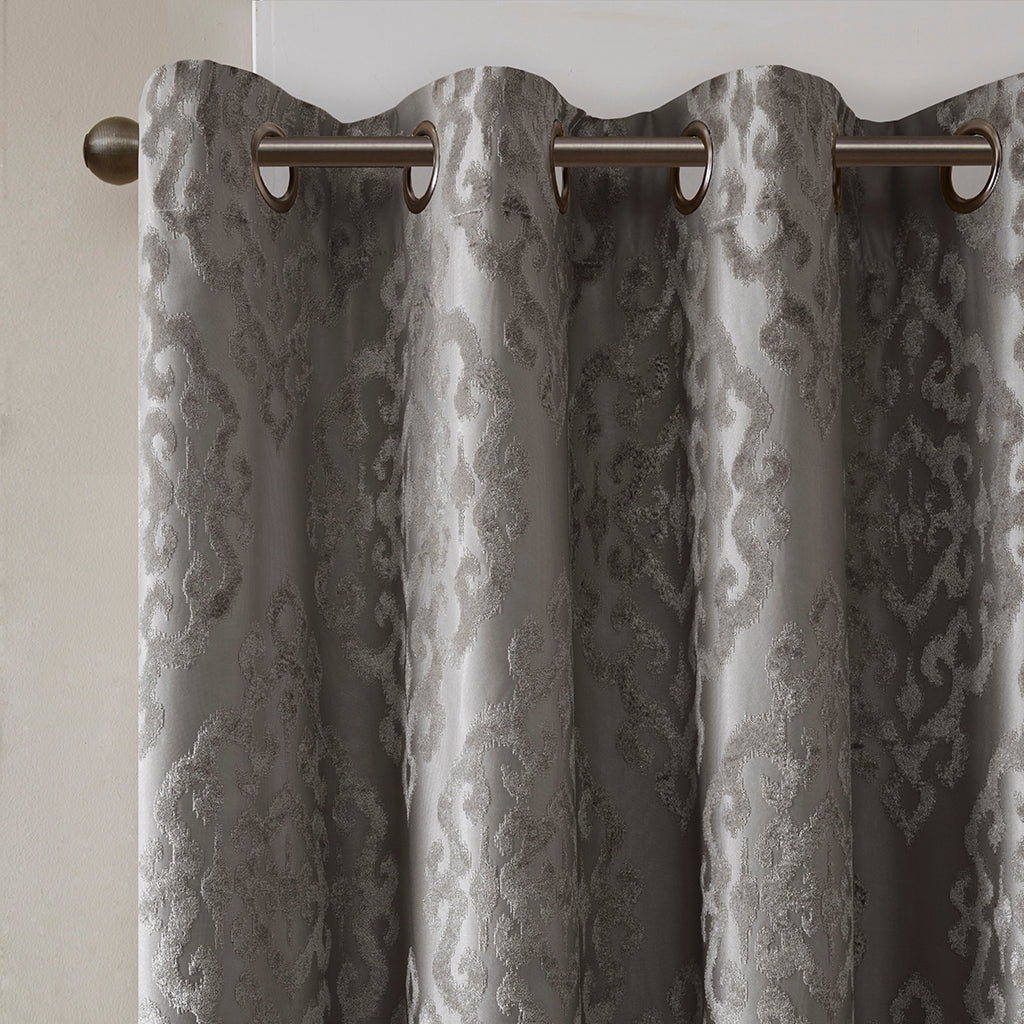 50x84" Knitted Jacquard Damask Total Blackout Grommet Top Curtain Panel - Charcoal