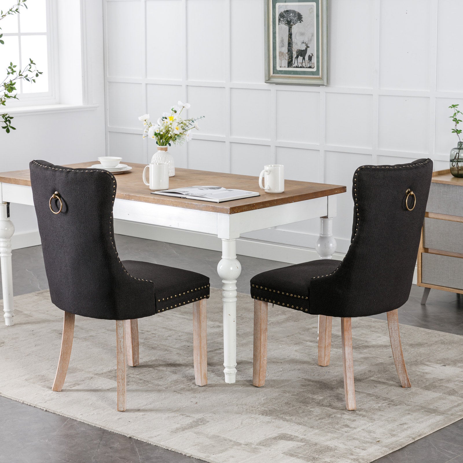 Set of 2 - High-end Tufted Solid Wood Contemporary Flax Upholstered Linen Dining Chair with Wood Legs Nailhead Trim - Black Linen