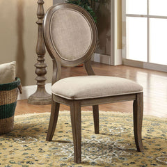 Set of 2 Padded Beige Fabric Dining Chairs in Rustic Oak Finish