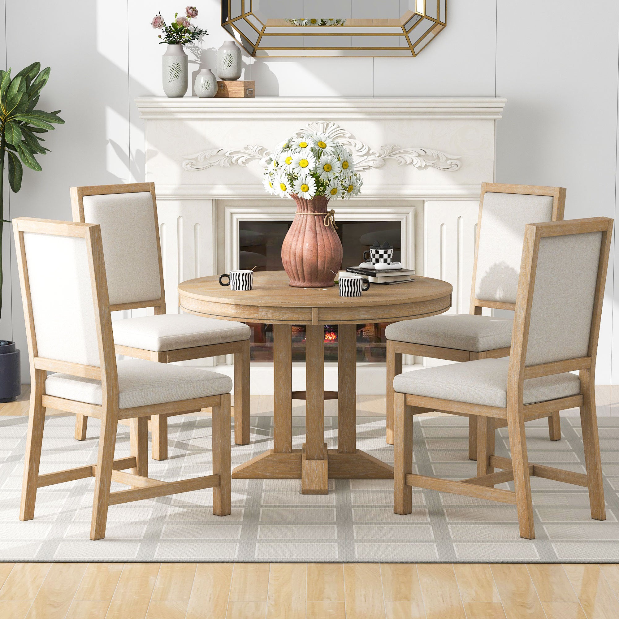 5-Piece Dining Set Extendable Round Table and 4 Chairs Farmhouse Dining Set - Natural Wood Wash