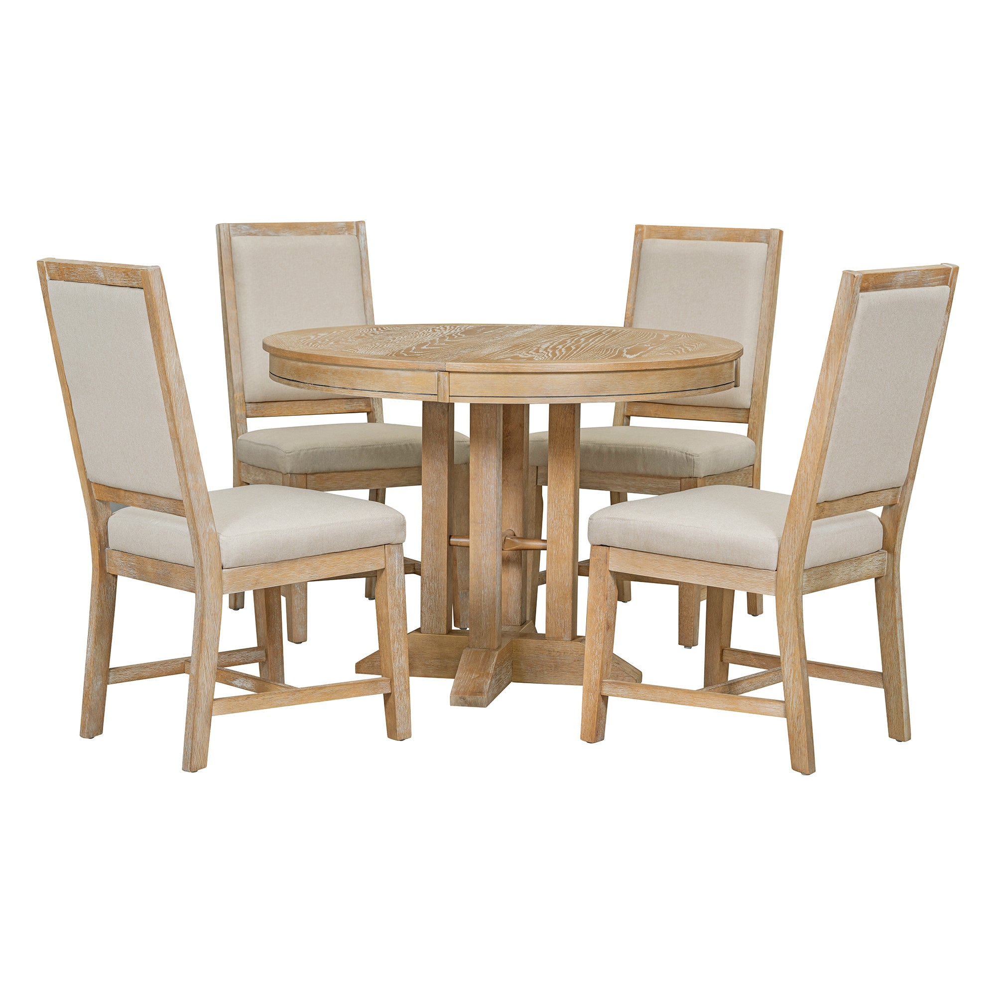 5-Piece Dining Set Extendable Round Table and 4 Chairs Farmhouse Dining Set - Natural Wood Wash