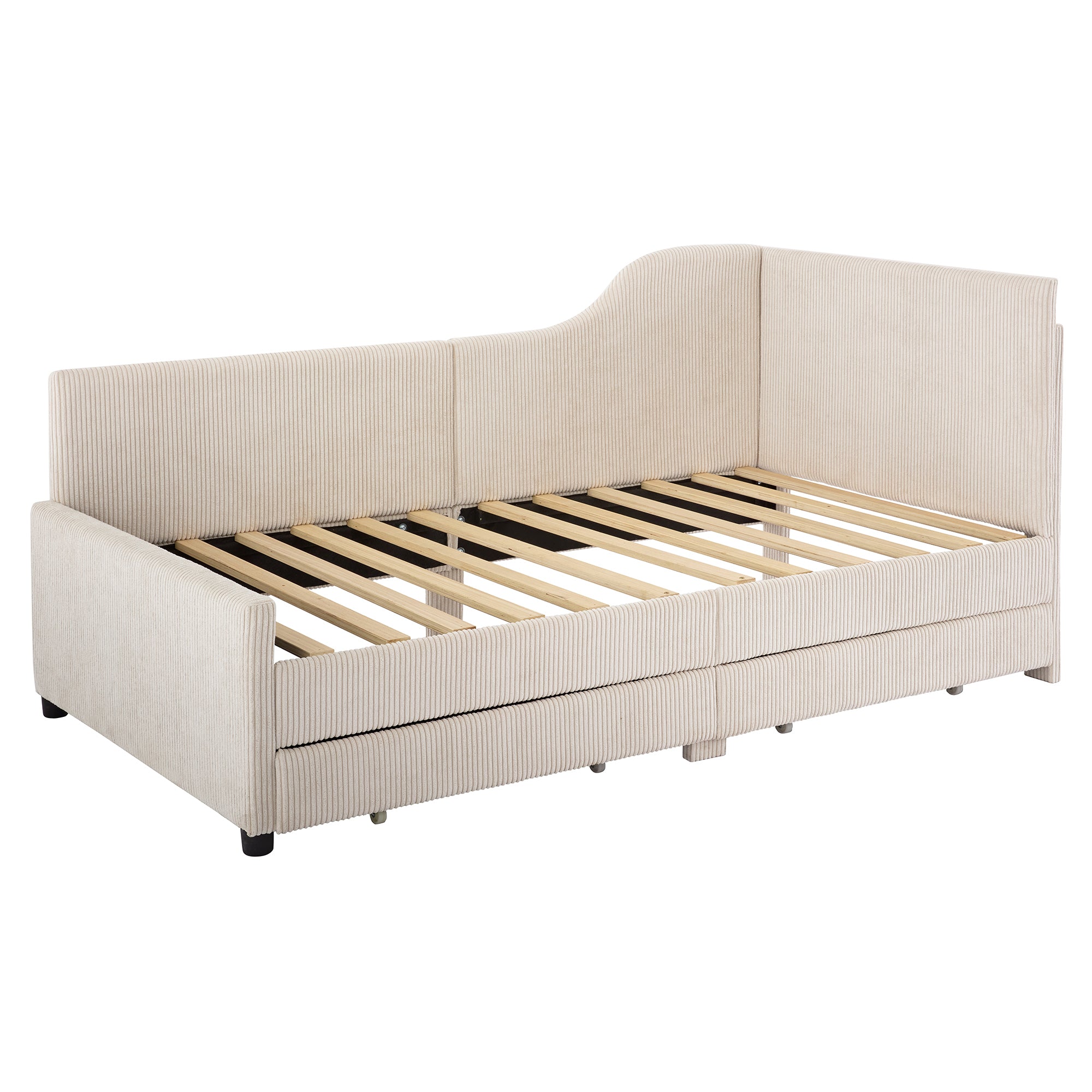 Twin Size L-Shaped Corduroy Daybed,Upholstered Bed Frame with  2 Storage Drawers, Beige