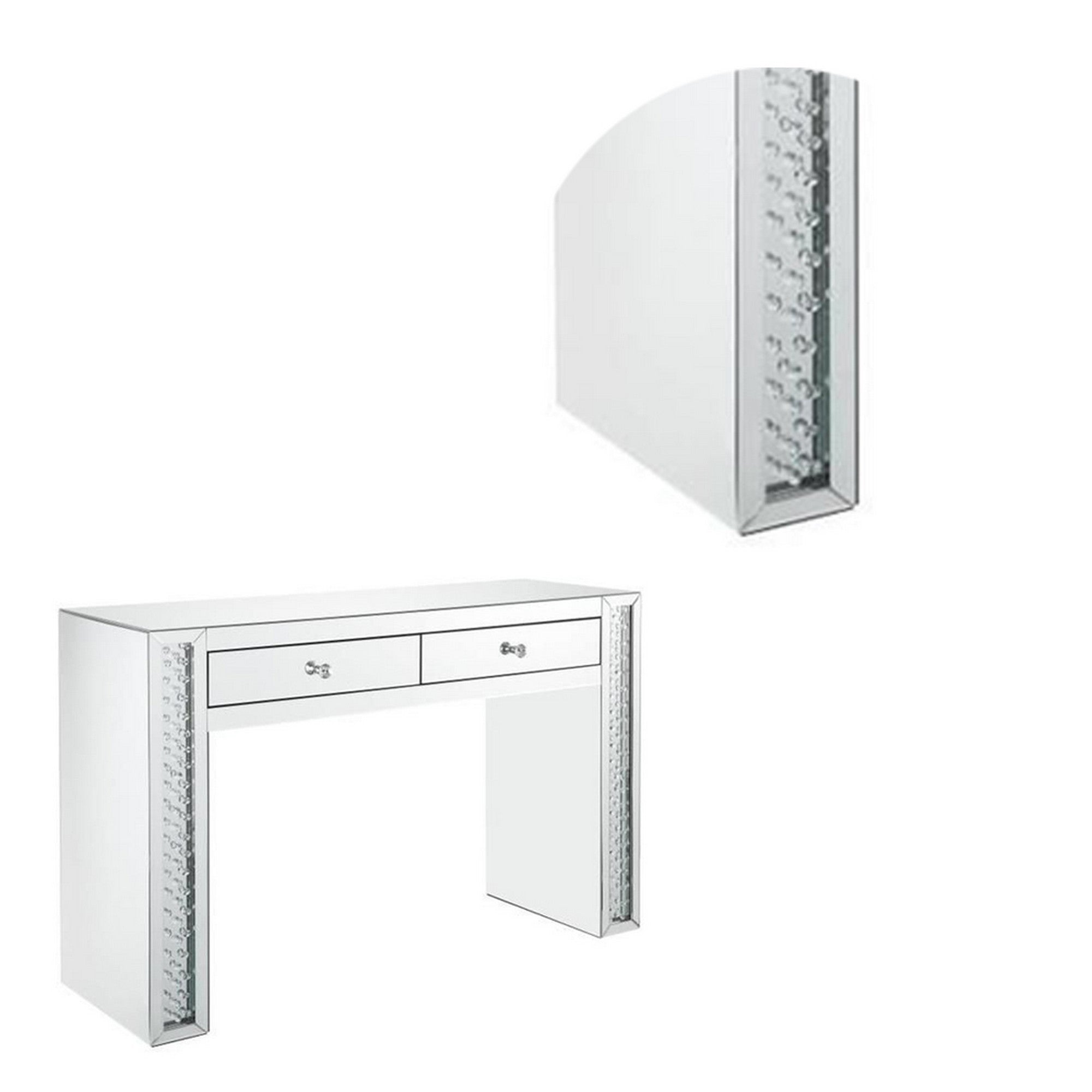 Mirror Accented Two Drawers Wooden Vanity Desk With Faux Crystal Inlay, Silver