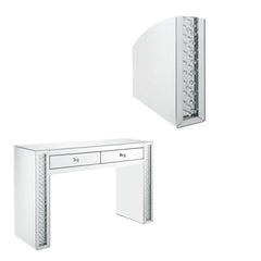 Mirror Accented Two Drawers Wooden Vanity Desk With Faux Crystal Inlay, Silver