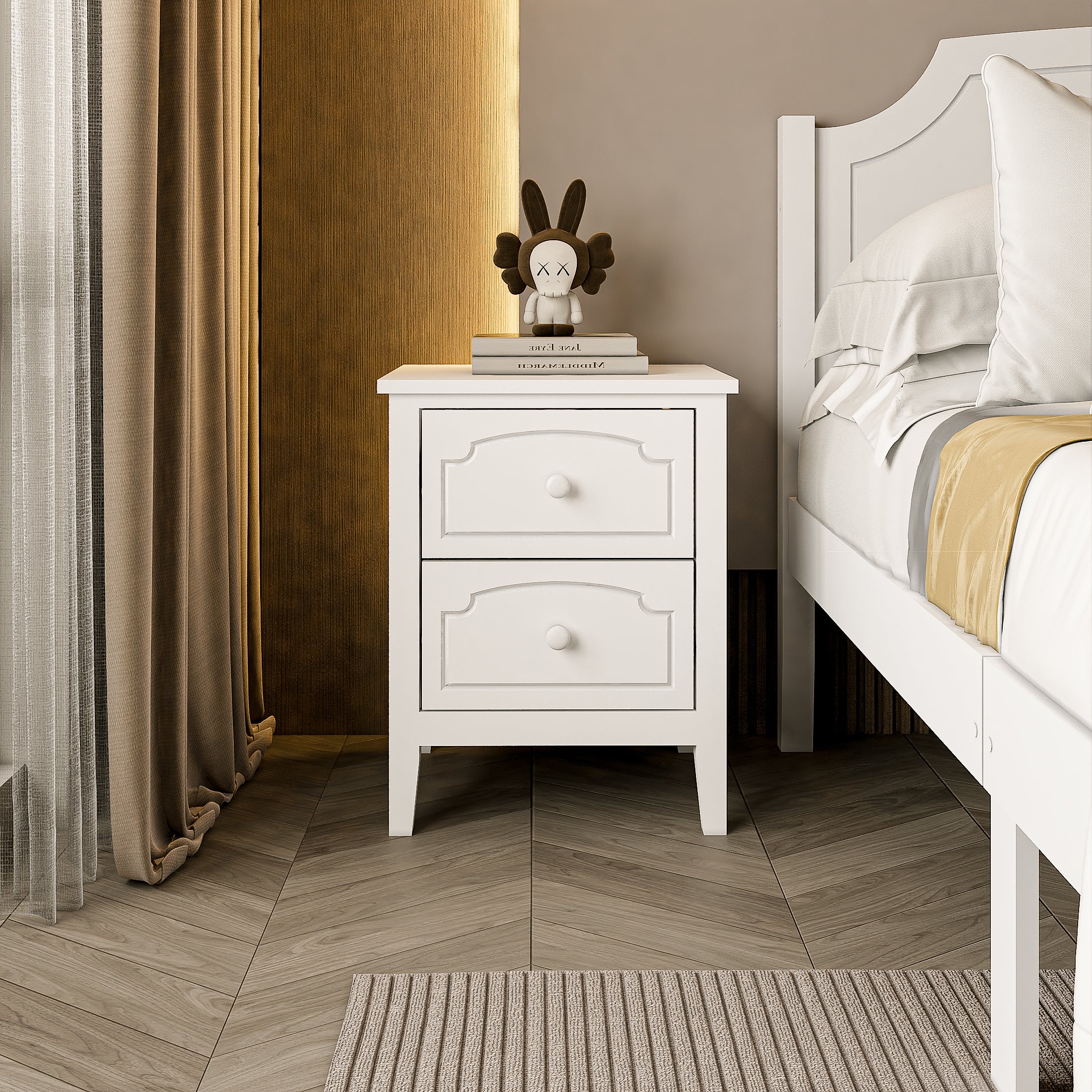 White Contemporary Roman Style, Solid Wood 2 Drawers Nightstand (1 piece)