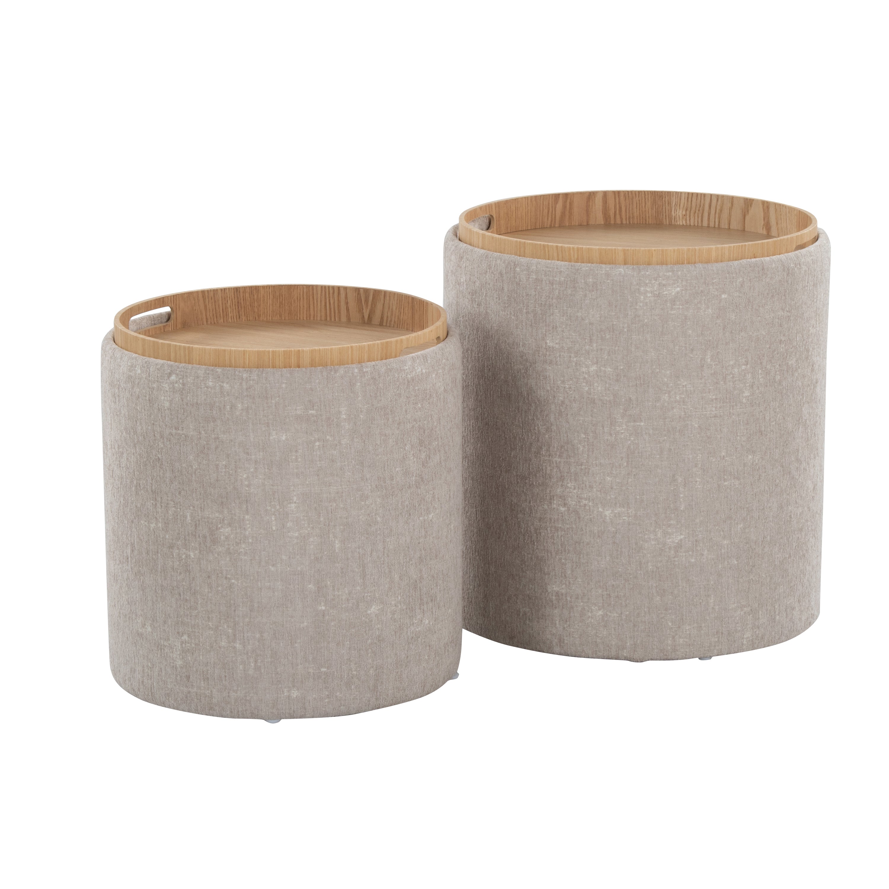 Tray Contemporary Nesting Ottoman Set in Light Brown Fabric and Natural Wood