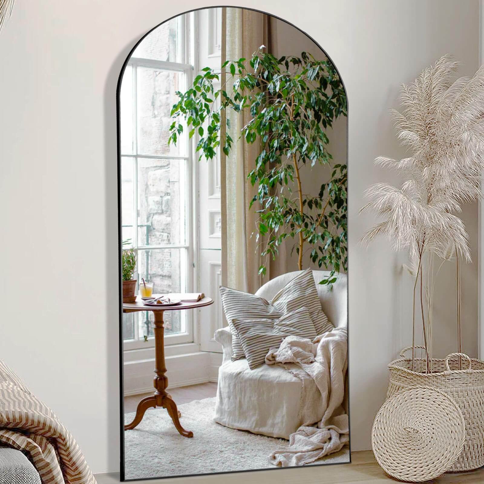 Wall Mirror with Stand Aluminum Alloy Thin Frame - Black