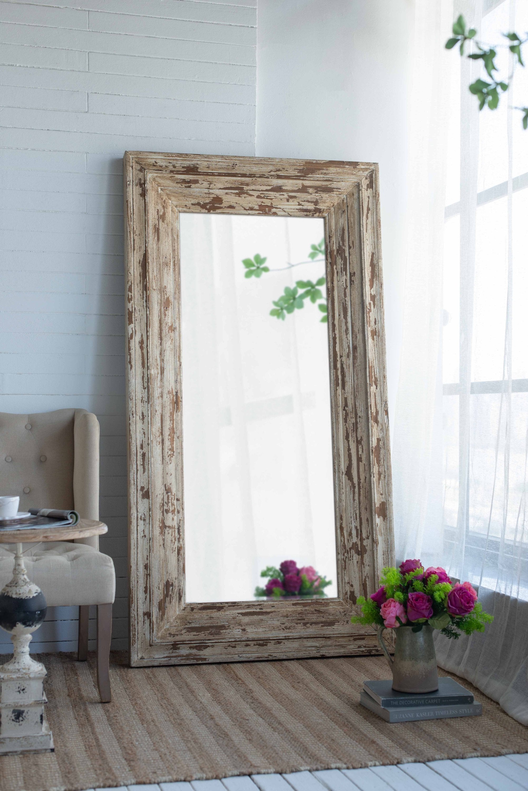 Full Length Rectangle Floor Mirror with Distressed Wood Frame 39x3.5x75"
