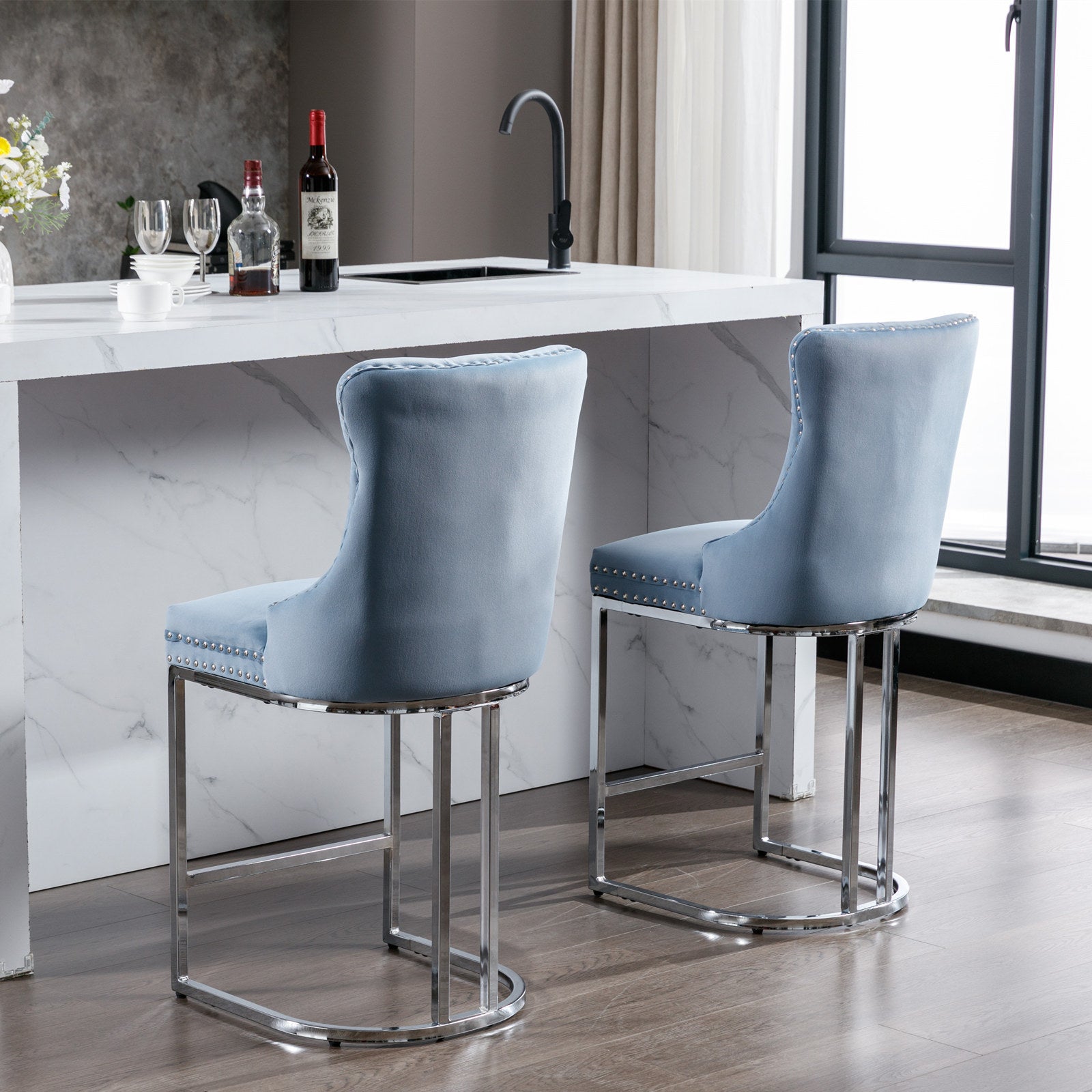 Modern Velvet Barstools  26" Counter Height Bar Stools (Set of 2) - Light Blue