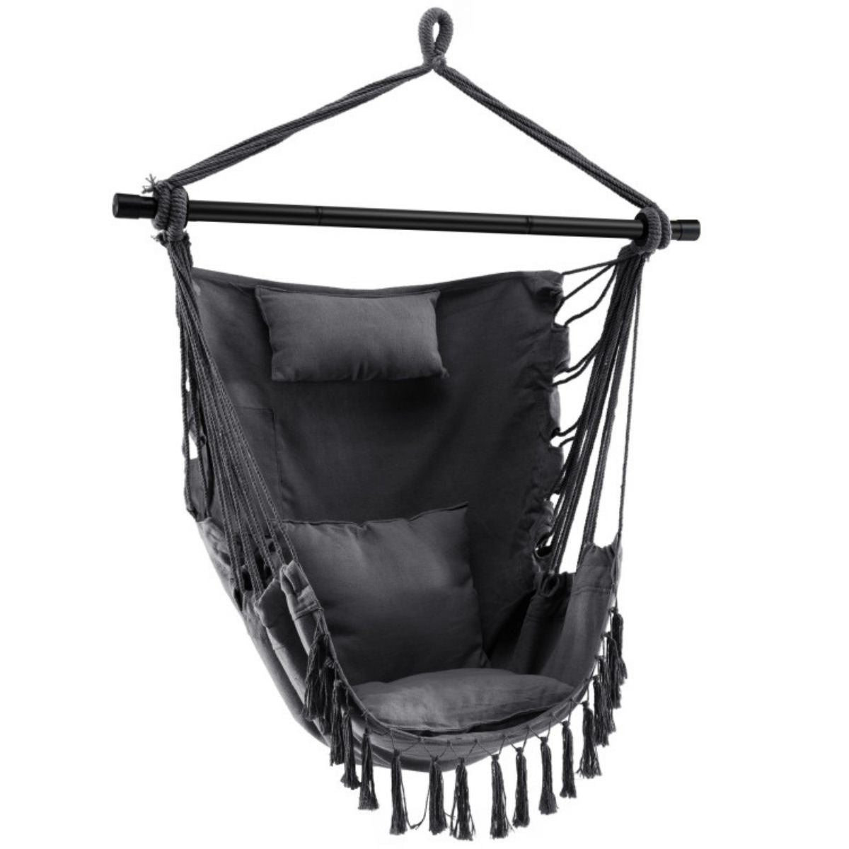 Hanging Rope Swing Chair with Soft Pillow and Cushions - Black