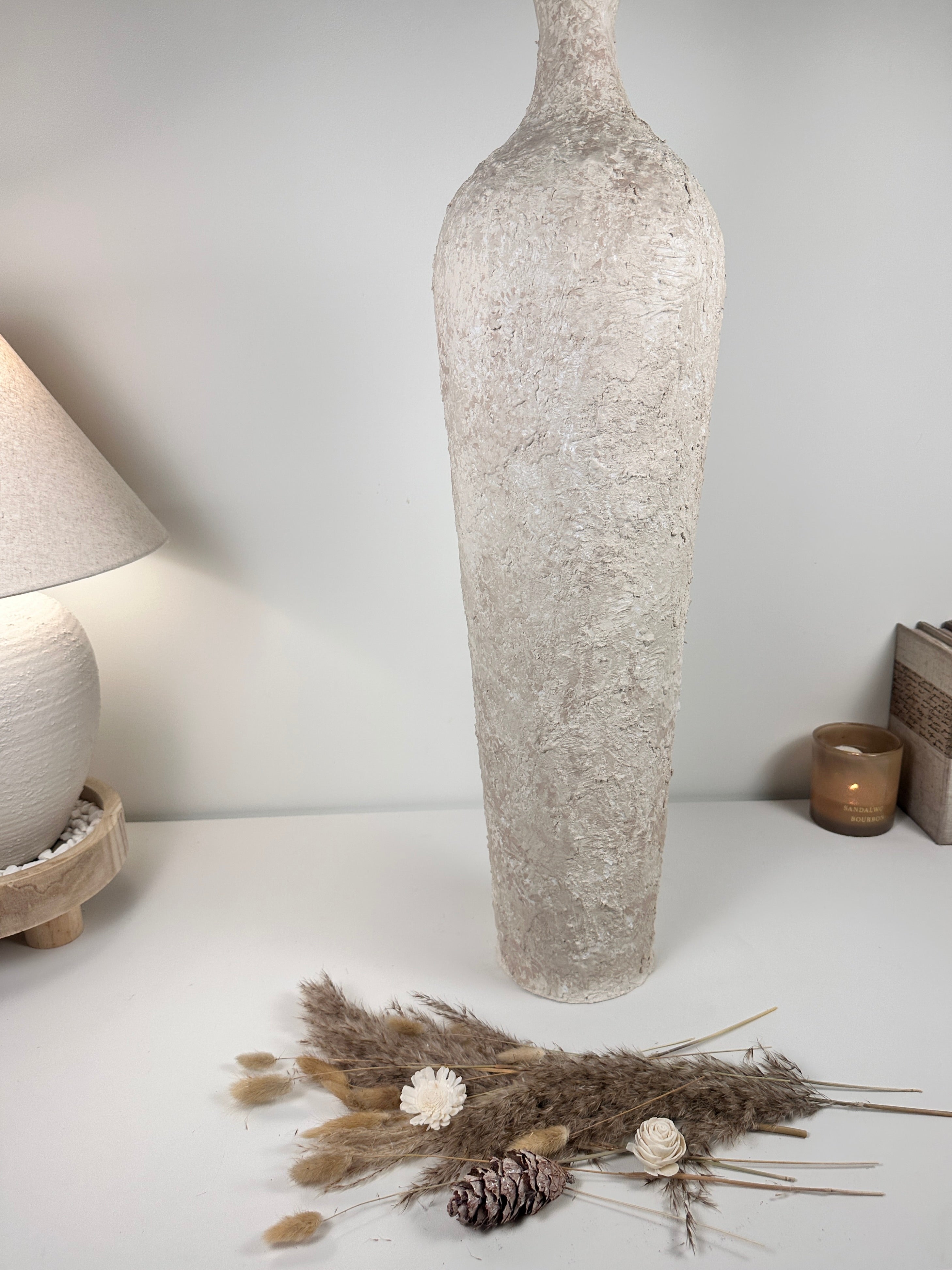 Floor Vase 32" tall minimalist hand-painted metal texture - cream wash