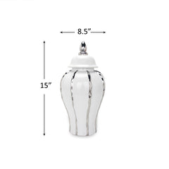 15"H White Ginger Jar with Silver Ornament