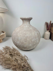 Minimalist Hand-Painted Ceramic Round Bottle Vase 11" tall -  Beige Washed