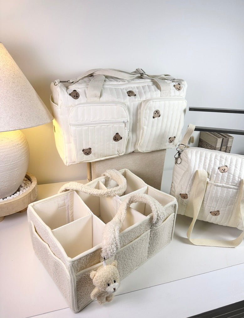 Set of 3 Stroller Bag, Duffel Bag and Caddy Diaper Bag for Baby Essentials - Cream