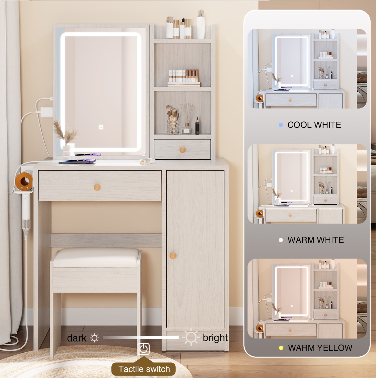 Vanity Table + Cushioned Stool, With 2 AC Power + 2 USB Socket, Extra Large Sliding LED Mirror