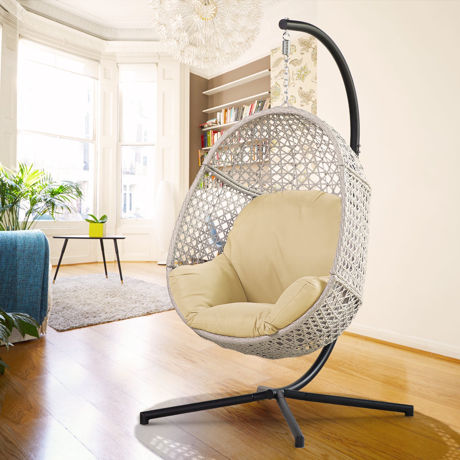 Large Hanging Egg Chair with Stand & UV Resistant Cushion with C-Stand for Outdoor/Indoor Space