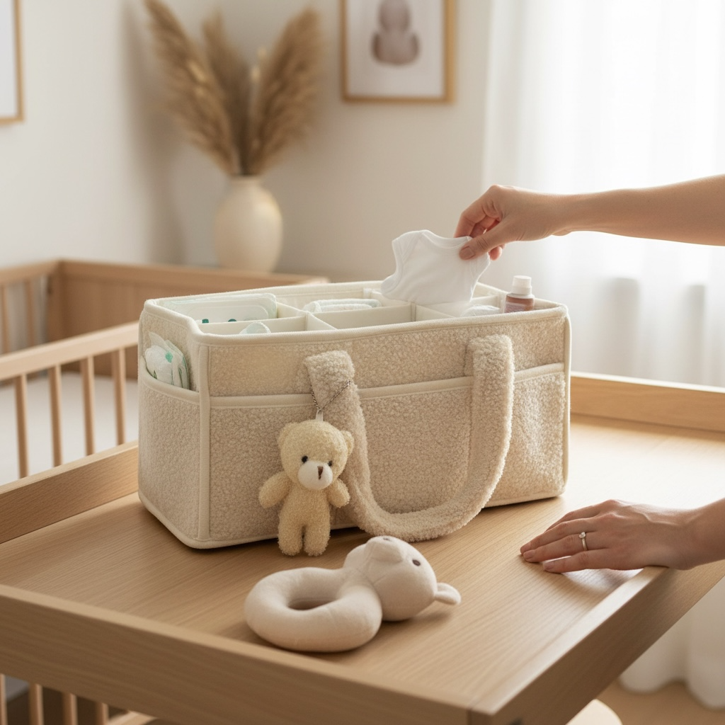 Cozy Plush Organizer with Bear Diaper Stackers & Caddies Newborn Baby Items Diaper Bags Organizer Cream