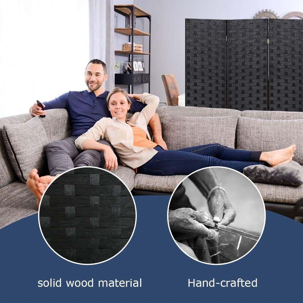 4 Panels Wood Mesh Hand-Woven Design Room Screen Divider - Black