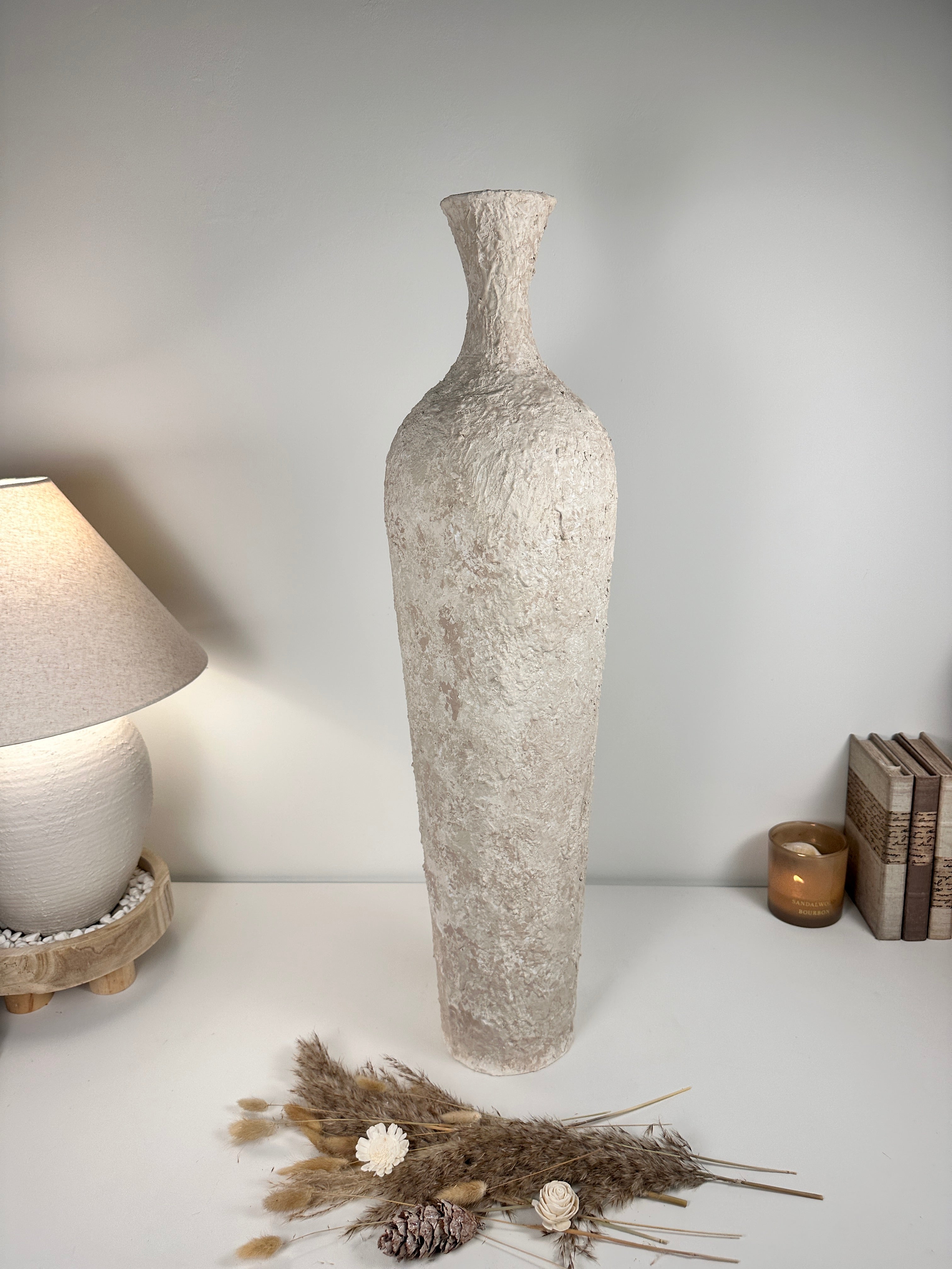 Floor Vase 32" tall minimalist hand-painted metal texture - cream wash