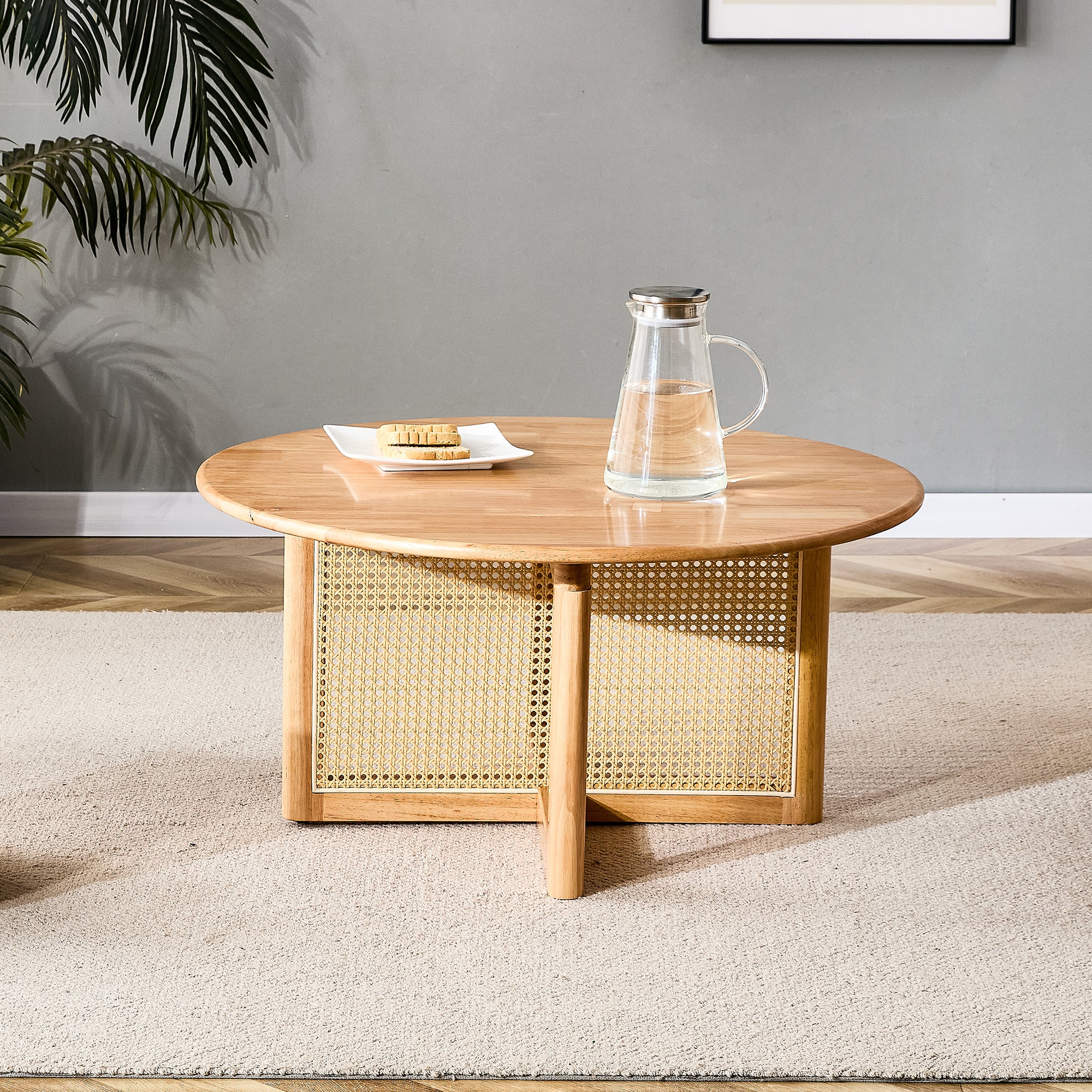 Naturally Elegant Wooden Coffee Table with Faux Rattan Accents