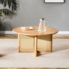 Naturally Elegant Wooden Coffee Table with Faux Rattan Accents