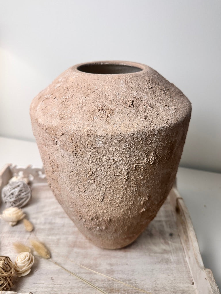 Rustic Minimalist Textured Hand-Painted Ceramic Vase 12" - Light Beige Wash