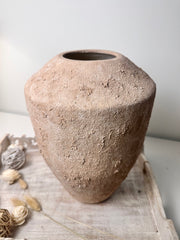 Rustic Minimalist Textured Hand-Painted Ceramic Vase 12" - Light Beige Wash