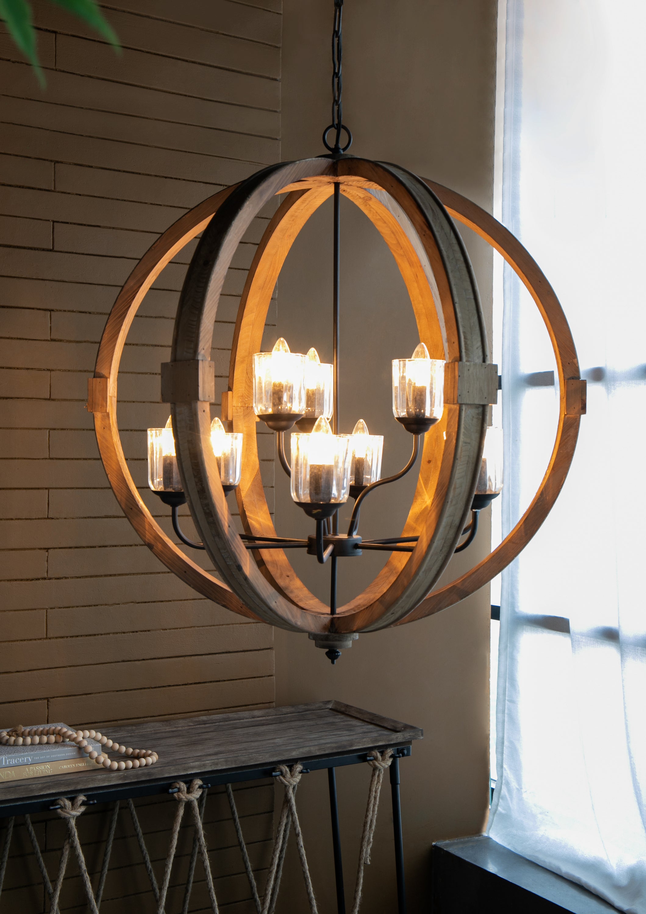 9- Light Globe Chandelier, Wood Chandelier Hanging Light Fixture with Adjustable Chain