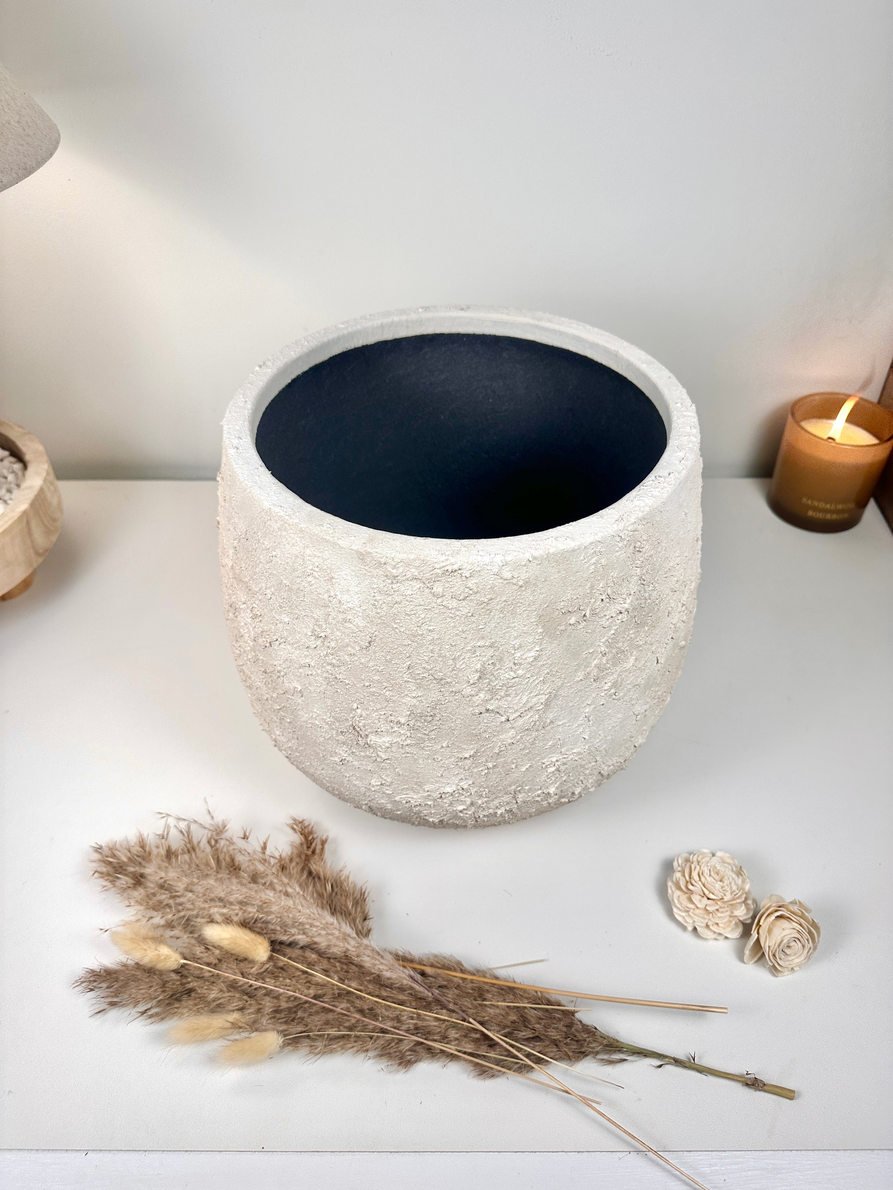 Minimalist Textured Hand-painted Ceramic Planter 10.5" tall - off white washed