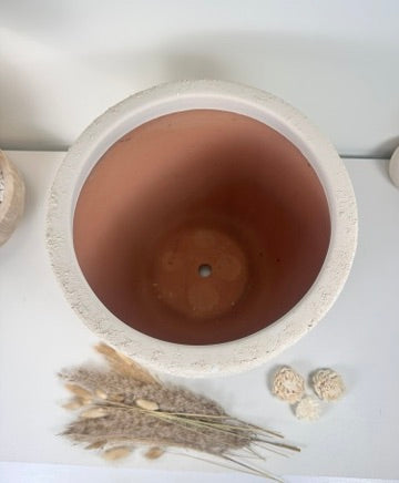 Minimalist Hand-Painted & Textured Planter Pot 12" tall with drainage hole one time creation - Cream wash