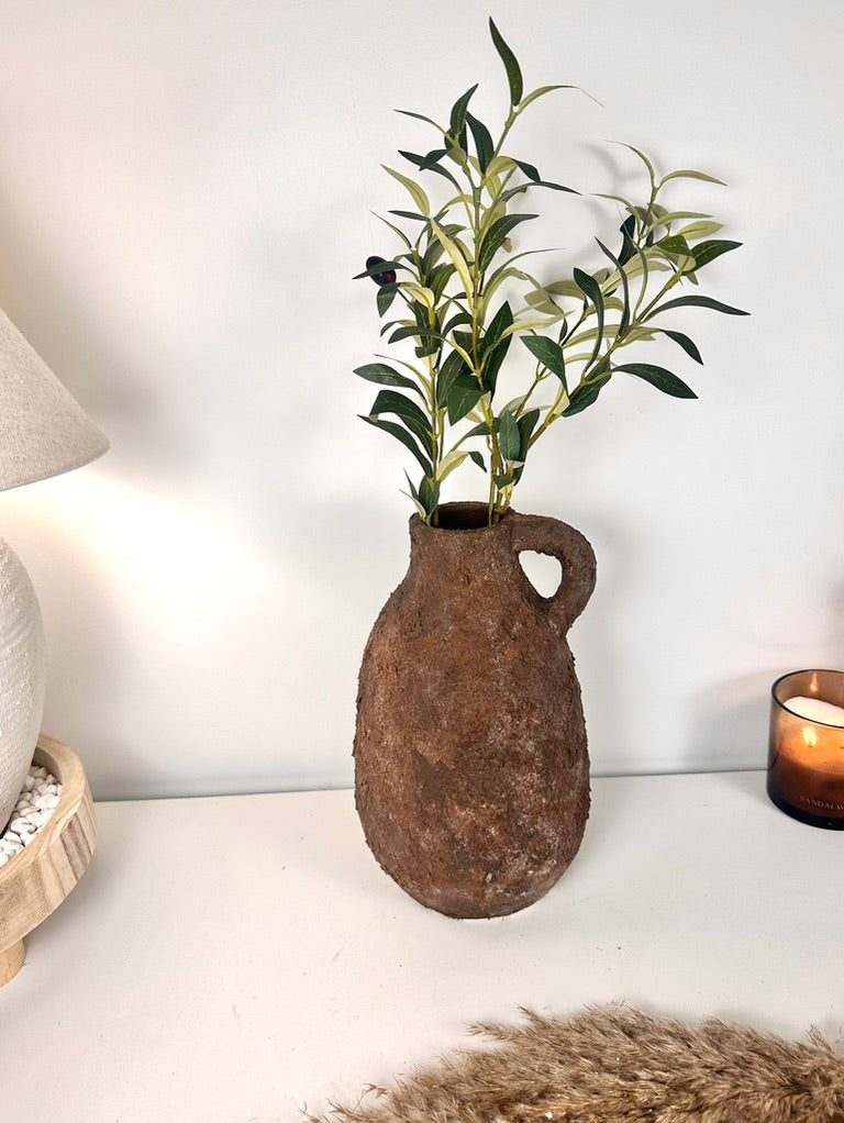 Rustic Tree Style Ceramic Vase Textured Handcrafted 12" tall - Dark Brown