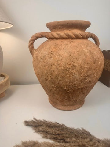 Stunning Roman Style Ceramic Vase Textured and Hand-Painted 15" tall - Brown Terracotta Color