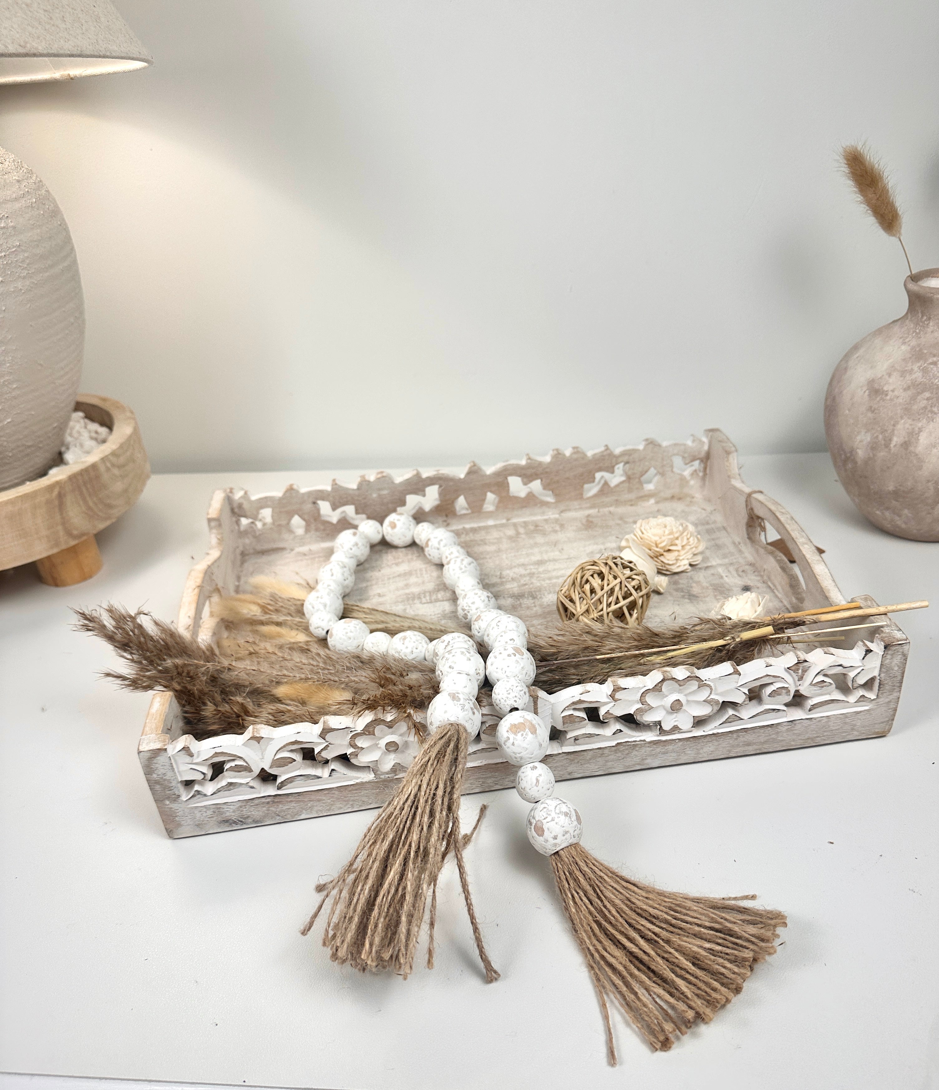 Set of 2 Boho Paulownia Bowl Tray 7"tall Ivory Sand + Wood Bead Garland