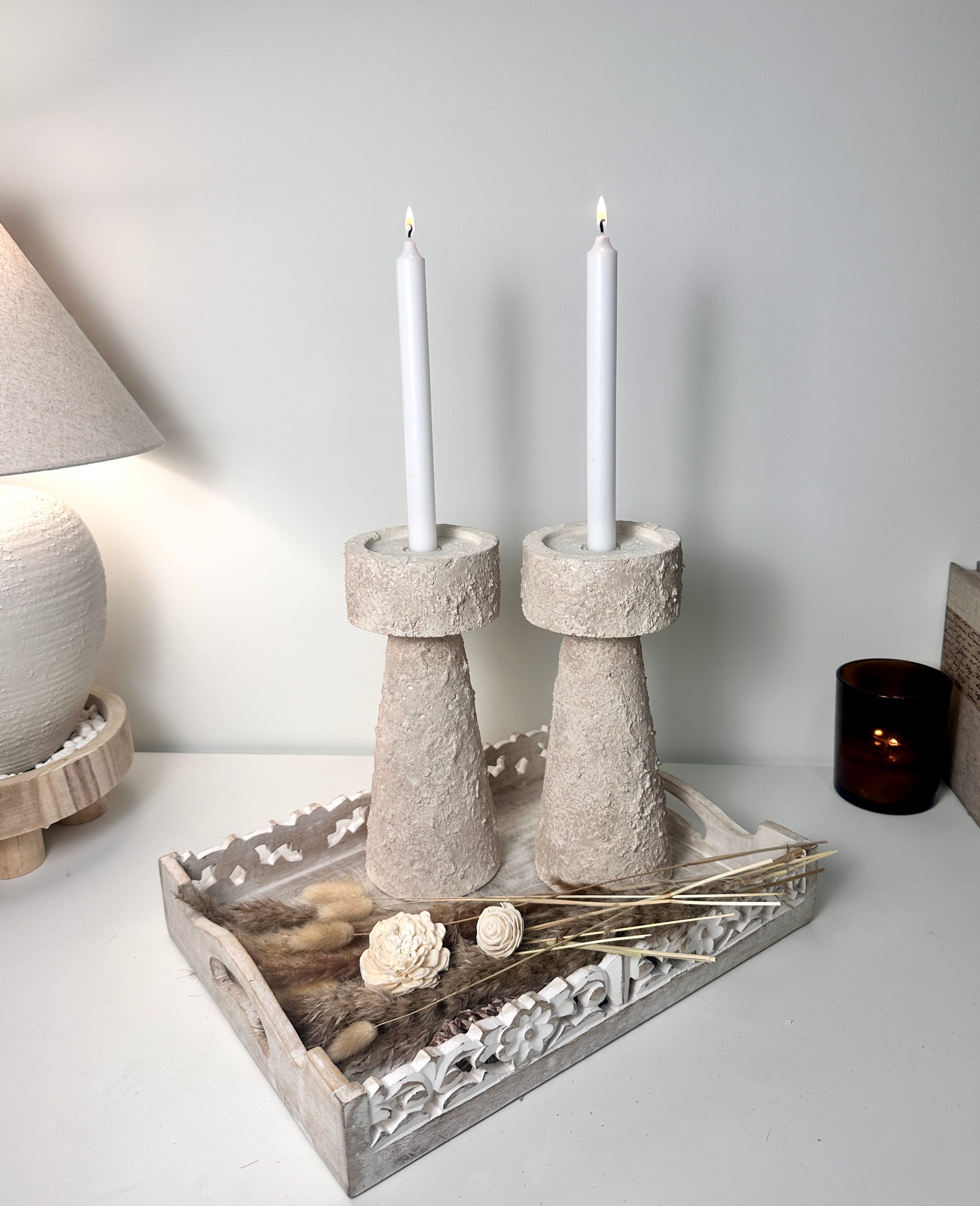 Set of 2 candle holder tray and stick minimalist style 11" tall - Cream wash