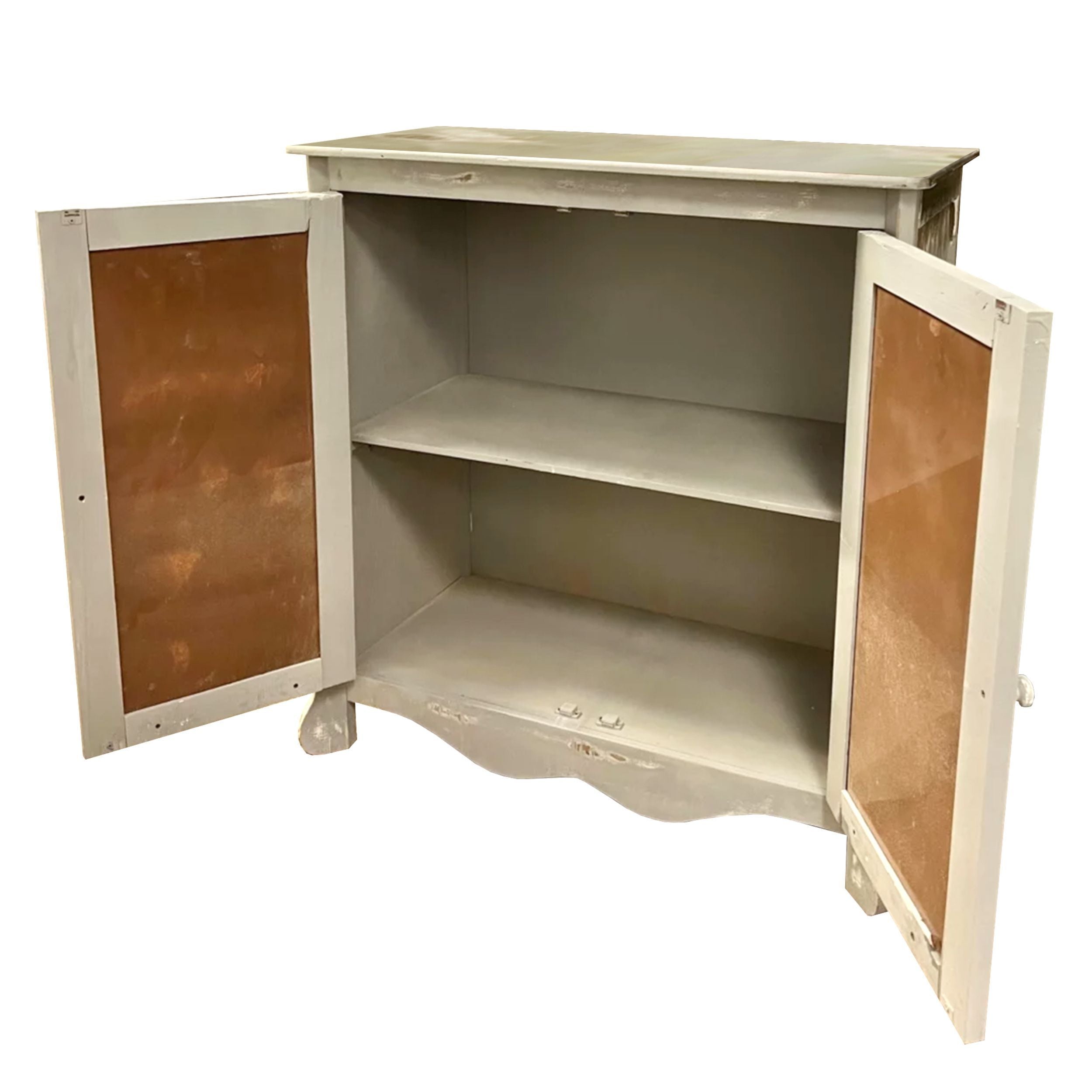 Storage Console with 2 Doors and Scrolled Mirror Trim, Antique White and Silver