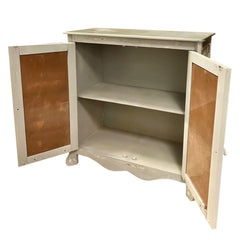 Storage Console with 2 Doors and Scrolled Mirror Trim, Antique White and Silver