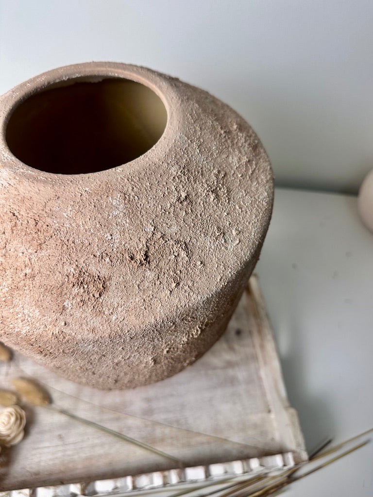 Rustic Minimalist Textured Hand-Painted Ceramic Vase 12" - Light Beige Wash