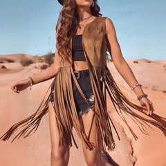 Women's Western Fringe Vest, Boho Style, Brown Suede with Tassels, Round Neck