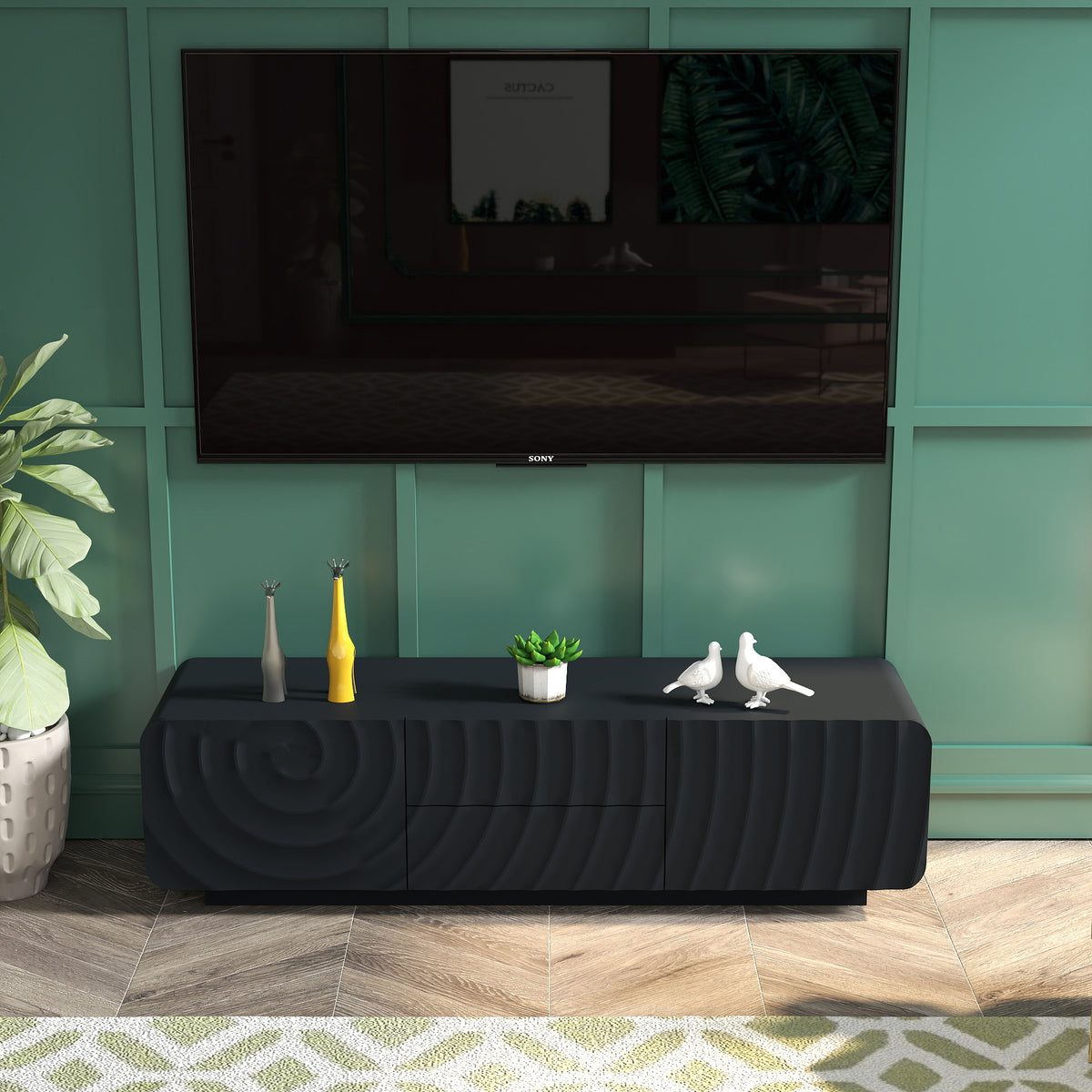 58''Tv Console With Modern Unique Spiral Wave Design With Storage Cabinet And 2 Drawers Tv Stand For Living Room, Bedroom, Black
