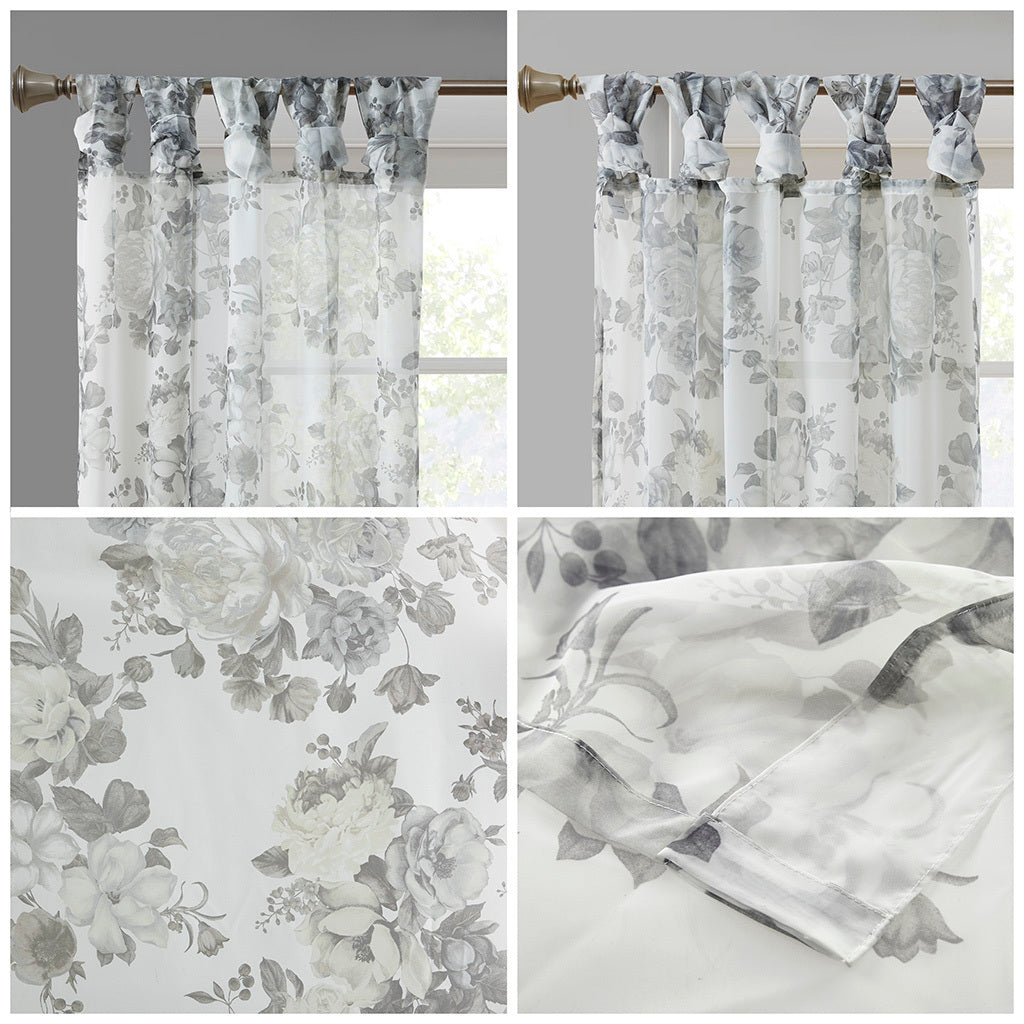 50x95" Printed Floral Twist Tab Top Voile Sheer Curtain - White