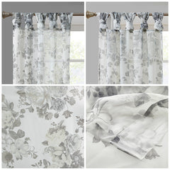 Printed Floral Twist Tab Top Voile Sheer Curtain - White