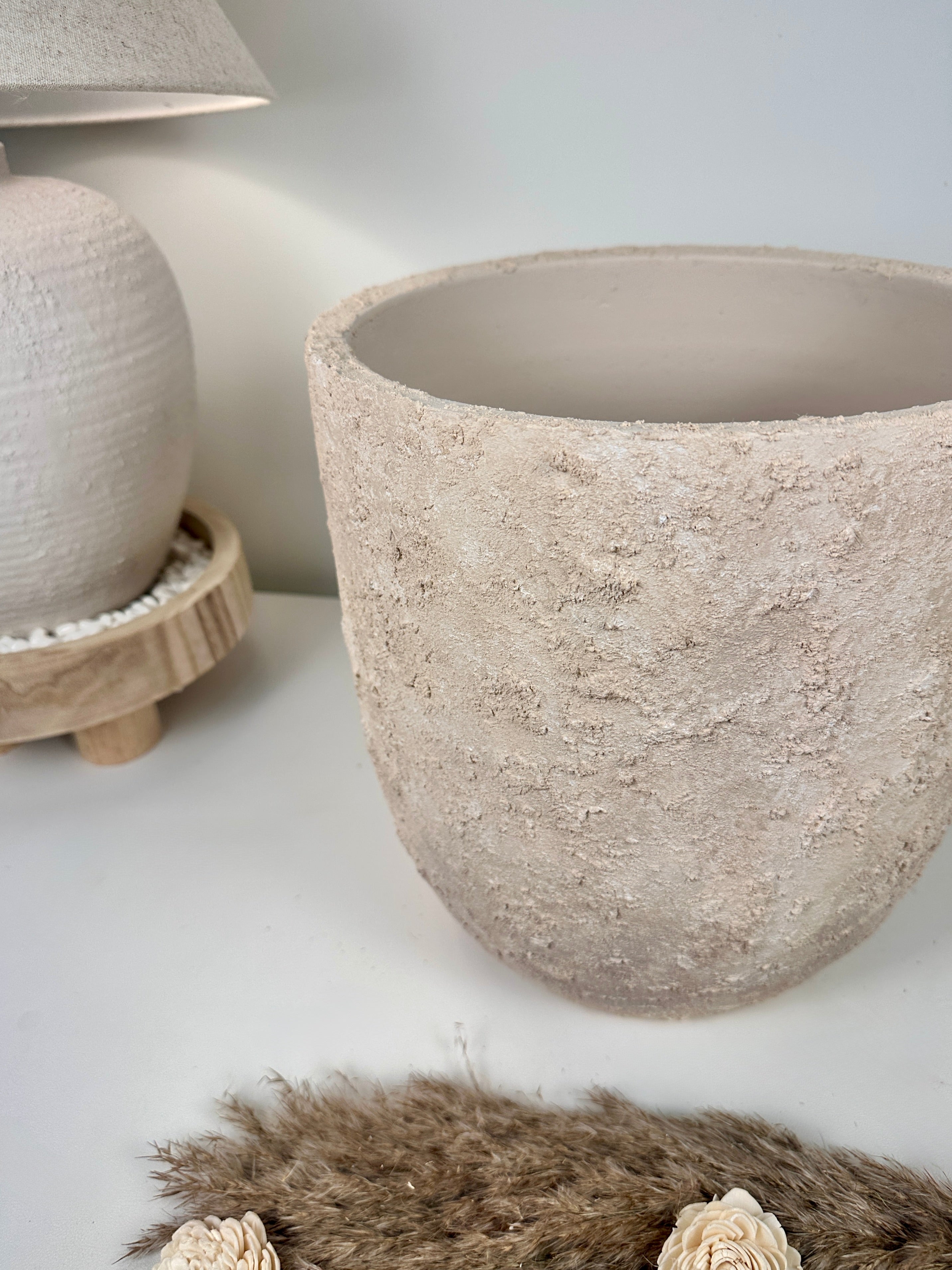 9" tall Minimalist Hand-Painted & Textured Planter Pot with drainage hole - Sand wash