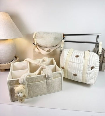 Set of 3 Stroller Bag, Crossbody Bag and Caddy Diaper Bag for Baby Essentials - Cream