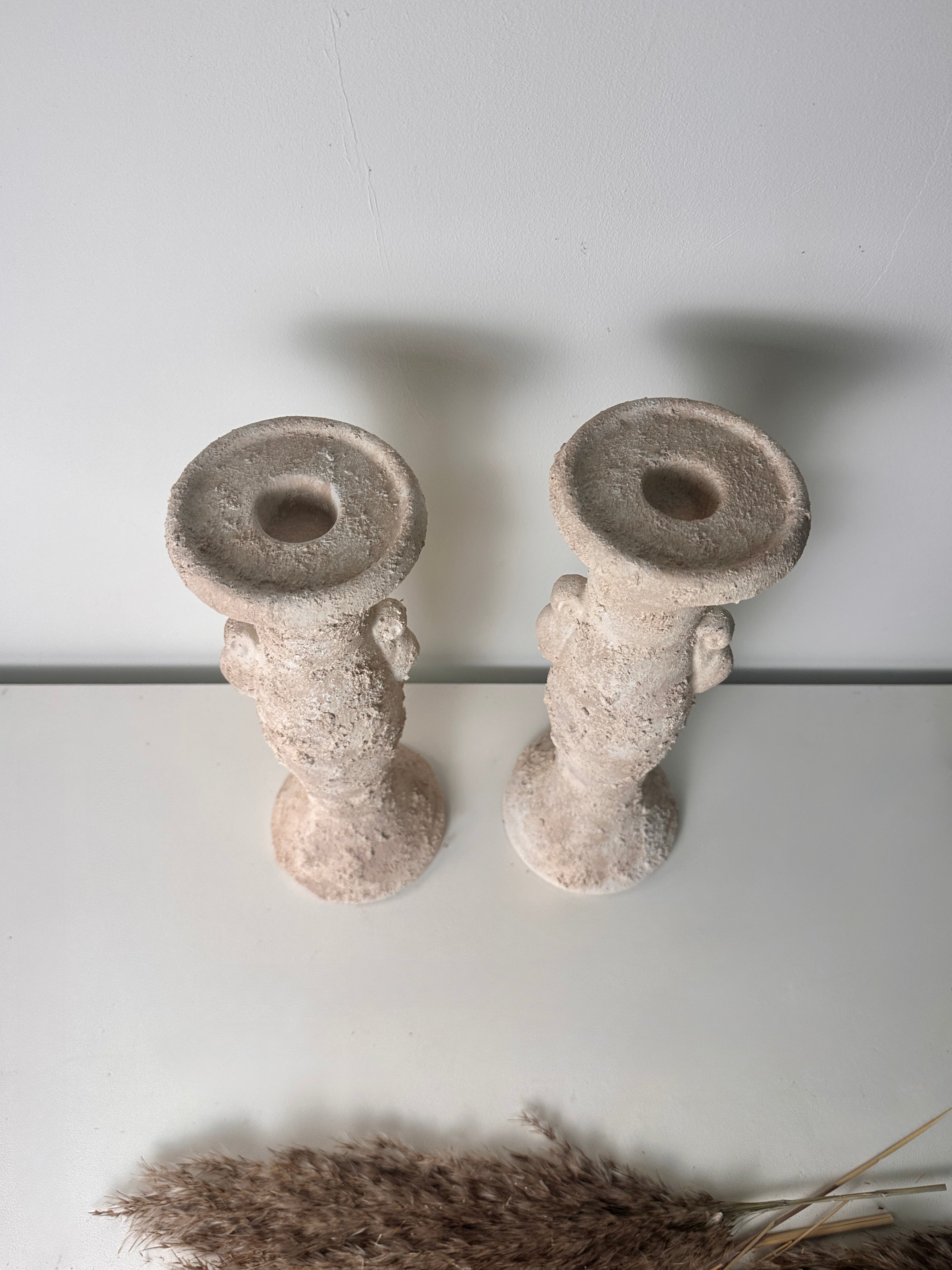 Set of 2 candlestick tray holders hand-painted and textured minimalist roman style 12" tall - Cream Sand wash