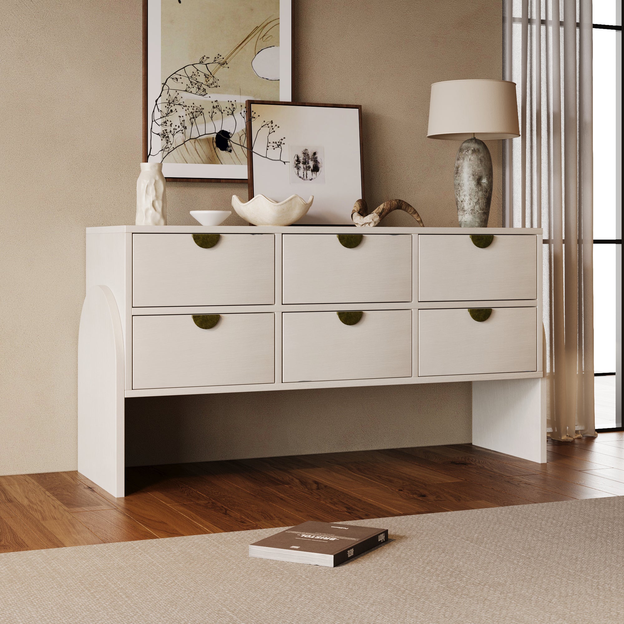 Retro Style Rubber Wood Venner Three-Drawer Dresser Sideboard Cabinet Console Table Sofa Table Ample Storage Spaces - Antique White