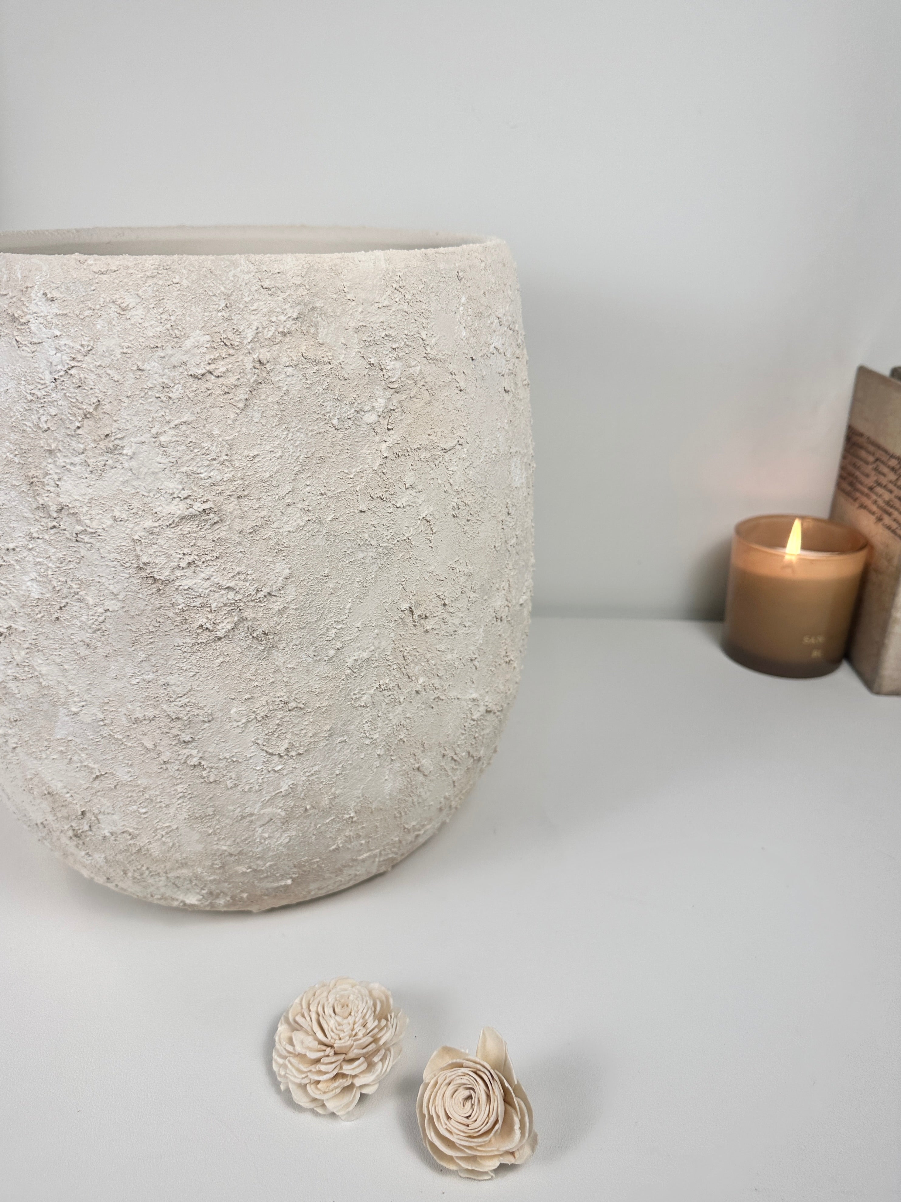 Minimalist Textured Hand-painted Ceramic Planter 12.5"" tall - off white washed