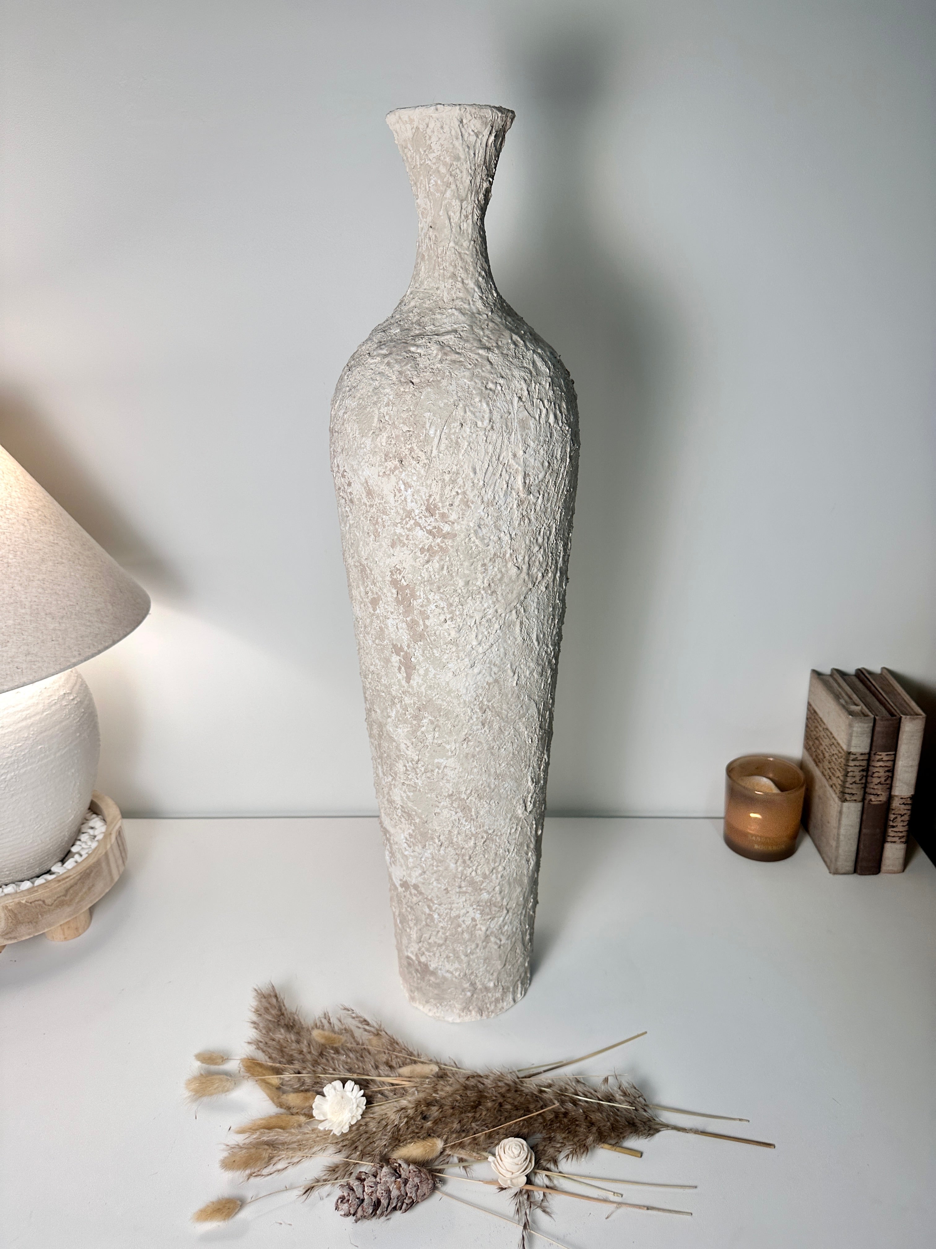 Floor Vase 32" tall minimalist hand-painted metal texture - cream wash