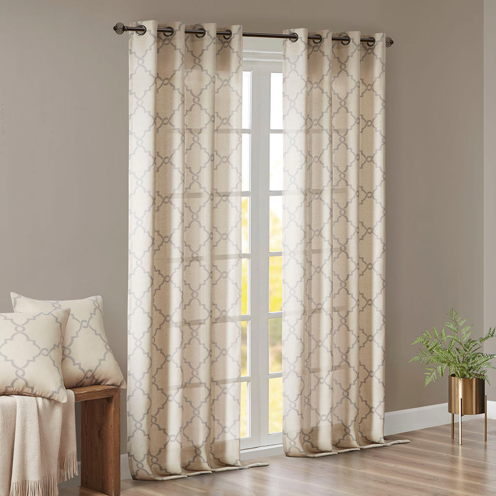 50x108" Fretwork Print Grommet Top Window Curtain Panel - Beige+Grey (1 panel only)